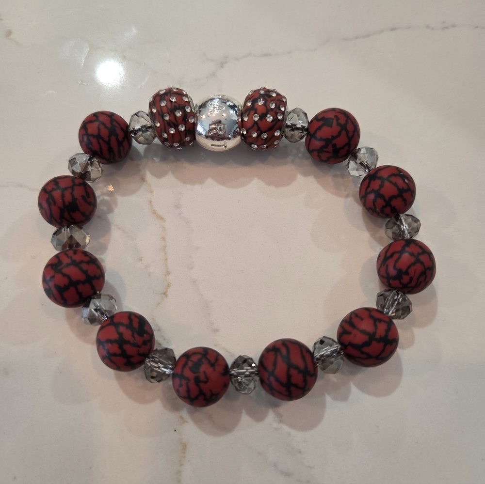 Viva Red Clay Beads PartyLite Stretch Bracelet With Rhinestones - Picture 8 of 11